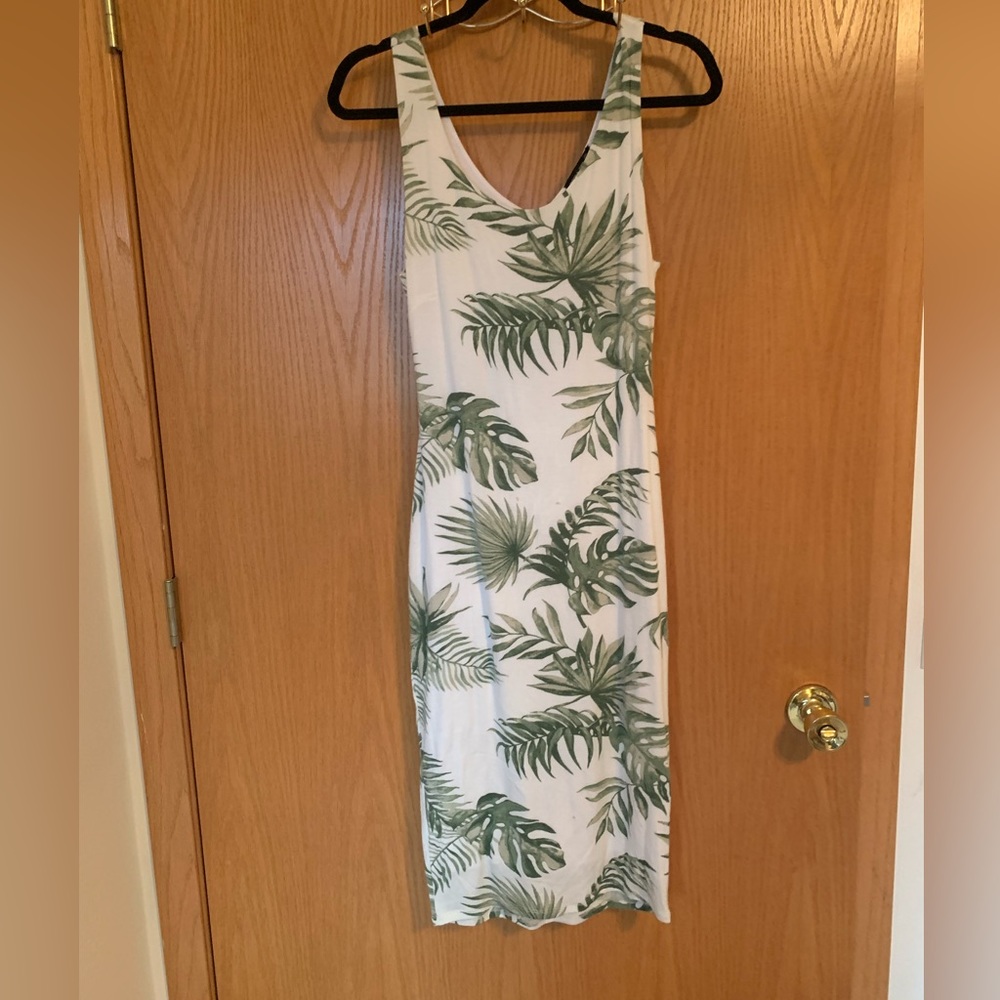 White with tropical greens dress